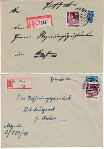 Bizone - 60 Pfg.Bauten/2 Einschreibebriefe Düren 1950 n. Aachen versch. R-Zettel