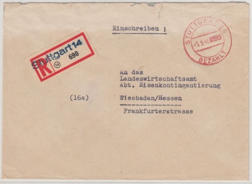 All.Bes./Kontrollrat - Stuttgart 14 Bezahlt, Einschreibebrief n. Wiesbaden 1946