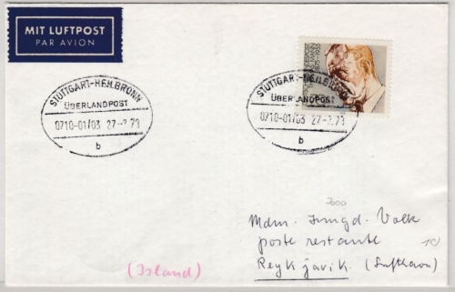 BRD - Überlandpost Stuttgart-Heilbronn 0710-01/03, Lupo-Brief n. ISLAND 1978