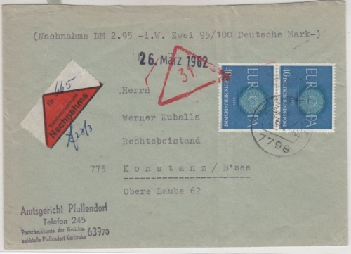 BRD - 2x40 Pfg. Europa, nachnahmebrief Pfullendorf - Konstanz 1962