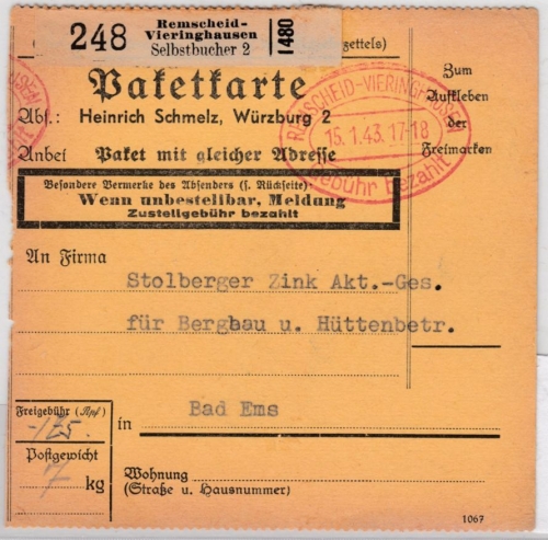 DR - Remscheid-Vielinghausen 1943, Gebühr bezahlt, Paketkarte/Selbstbucher n.