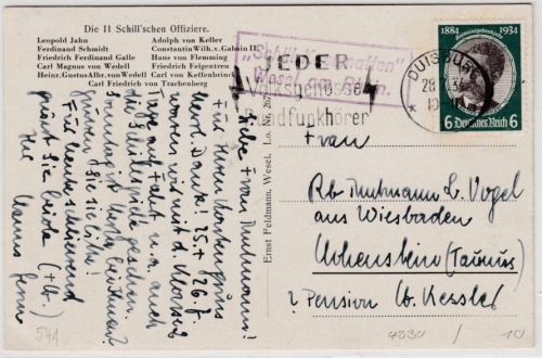 DR - "Schill Kasematten Wesel a. Rhein", viol. Ra2 a. Karte Duisburg 1934 n.