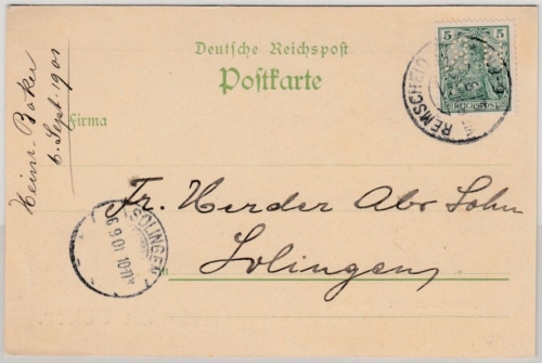 DR - 5 Pfg. Germania/Reichspost/Perfin "H.B.", Karte KOS Remscheid-Vieringhausen