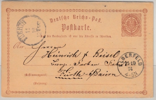 BR/Bayern - Elberfeld 1874, K1 a. 1/2 Gr. Brustschild GA-karte n. Fürth