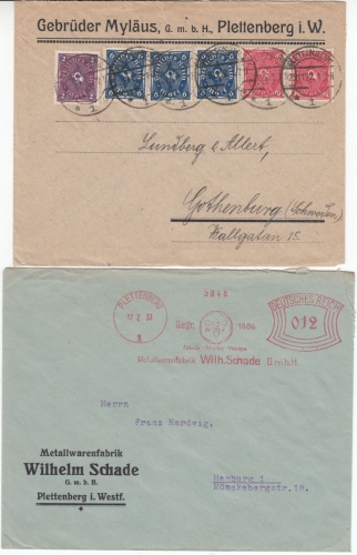 DR/All.Bes. - Plettenberg, 3 Heimatbelege Infla/Geb.bezahlt/AFS ex 1922-1945