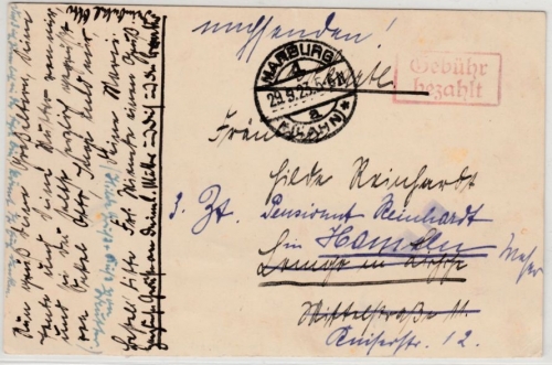 DR-Infla - Marburg (Lahn) 29.9.23, Gebühr bezahlt, Ra2 a. Karte n. Lemgo