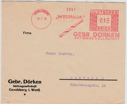 DR - 15 Pfg. AFS "Westfalia Gebr. Dörken", Firmenbrief Gevelsberg - Hamburg 1931