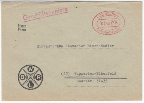 All.Bes. - Lüdenscheid 6.2.46, Gebühr bezahlt, Geschäftspapiere n. Wuppertal