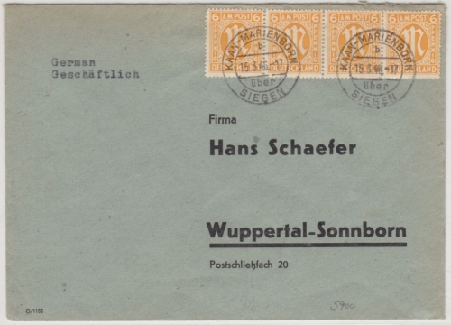 AM-Post - Kaan-Marienborn ü. Siegen, Poststelle I a. Brief n. Wuppertal 16.3.46