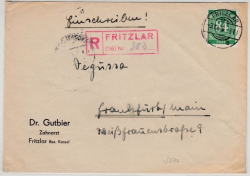 All.Bes./Kontrollrat - 84 Pfg. Ziffer Einschreibebrief Fritzlar - Frankfurt 1946