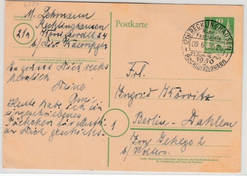 Bizone - (21a) Recklinghausen Ruhrfestspiele 1950, SST a. 10 Pfg. GA-Karte n.