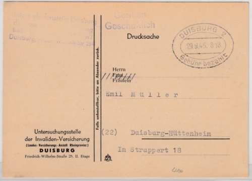 All.Bes. - Duisburg 2 Gebühr bezahlt 29.9.45, Ovalstpl. a. Drucksachenkarte n.