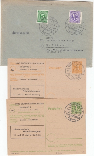 All.Bes. - Duisburg Philatelistentagung 1946, SST a. 2 GA-karten m. Zudruck u.a.