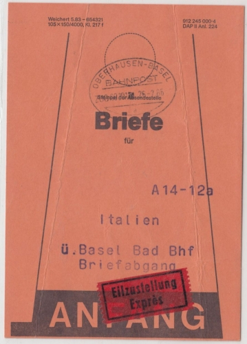 BRD - Bahnpost Oberhausen - Basel Zug 00201, Vorbundzettel f. Briefe n. ITALIEN