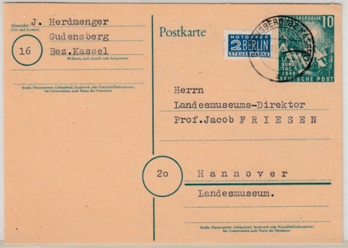 BRD - 10 Pfg. Bundestag, Sonder-GA-Karte Gudensberg - Hannover 1949