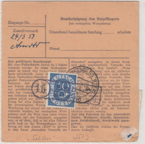 BRD - 30 Pfg. Posthorn Zustellgebühr, Landpost-Ra2 Sehlen ü. Frankenberg 1953 a.