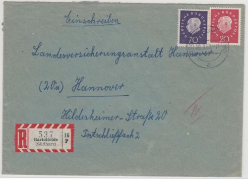 BRD - 70+20 Pfg. Heuss III, Einschreibebrief Bartolfelde - Hannover 1961