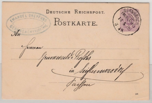 DR - Gernsbach (Murgthal) 1886, KOS a. 5 Pfg. GA-Karte n. Seifhennersdorf