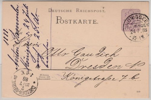 DR - Königssee (Thürigen) 1888, KOS a. 5 Pfg. GA-Karte n. Dresden