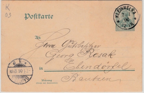 DR - Kleinwelka 1906, kl. K1 a. 5 Pfg. GA-Karte n. Bautzen