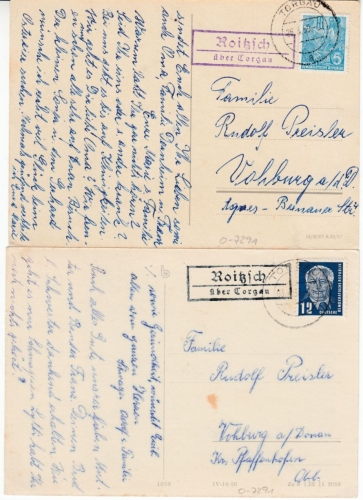 DDR - Roitzsch ü. Torgau, Landpost-Ra2 violett+schwarz, je a. Karte 1953/1959