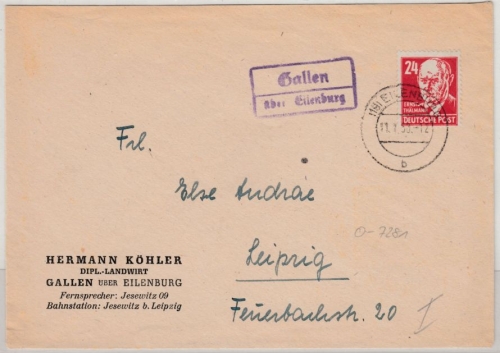 DDR - Gallen ü. Eilenburg, Landpost-Ra2 a. Brief n. Leipzig 1950