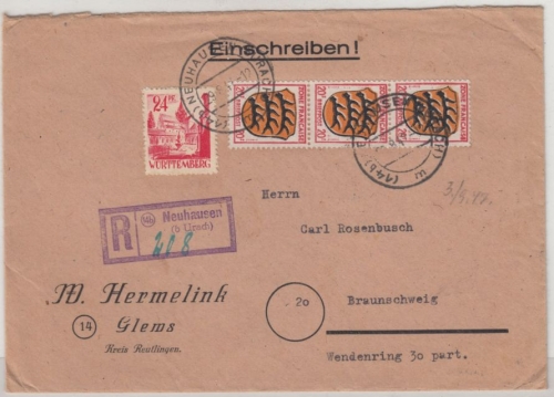 FZ-Allg./Württ. - 3x20+24 Pfg. Einschreibebrief Neuhausen b. Urach 1947 n.