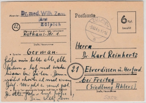 All.Bes. - 6 Pfg. Aushilfs-GA-Karte, Zülpich - Elverdissen 3.10.45