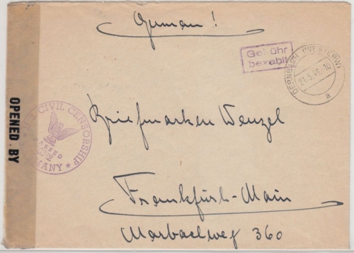 All.Bes. - Dernbach (Westerw) 21.5.46, Gebühr bezahlt, Ra2 a. Zensurbrief n.