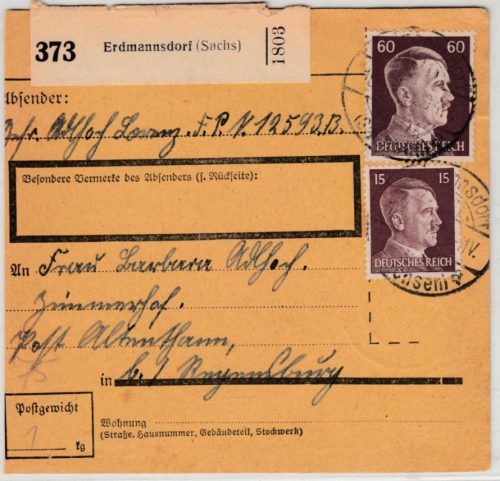 DR - 60+15 Pfg. AH, Paketkarte (Fp.Nr. 12593), Erdmannsdorf - Regensburg 1943