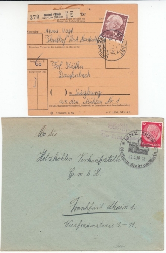 DR/BRD - Neustadt bzw. Weißfeld ü. Linz, Paketkarte bzw. Brief 1957+1938
