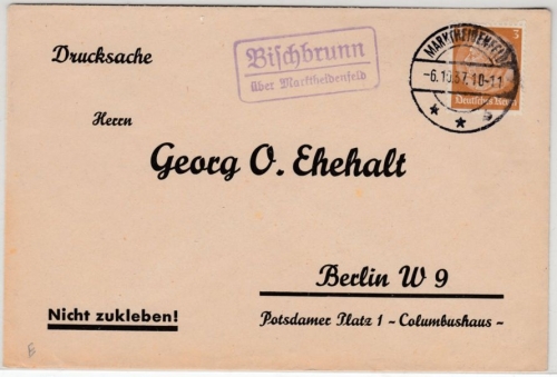 DR - Bischbrunn ü. Marktheidenfeld, Landpost-Ra2 a, Drucksachenbrief 1937 n.
