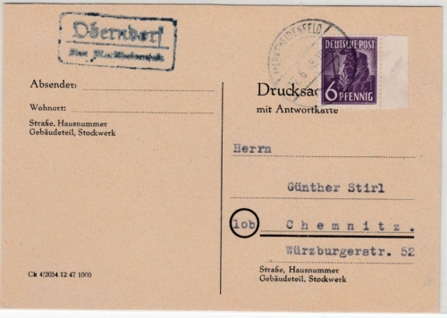 All.Bes. - Oberndorf ü. Marktheidenfeld, Landpost-Ra2 a. Karte 1948 n. Chemnitz