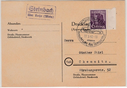 All.Bes. - Steinbach ü. Lohr (Main), Landpost-Ra2 a. Karte 1948 n. Chemnitz
