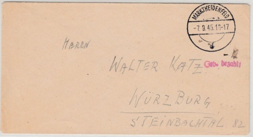All.Bes. - Marktheidenfeld 7.9.45, Gebühr bezahlt, L1 a. Brief n. Würzburg