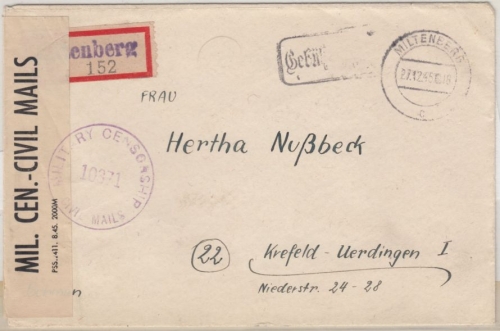 All.Bes. - Miltenberg 27.12.45, Gebühr bezahlt, Zensur-Einschreibebrief n.