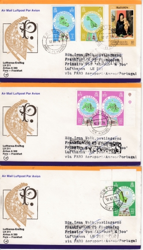 Neue Hebriden - 6 Luftpostbriefe/Zuleitungen LH-Erstflug Faro-Frankfurt 1979