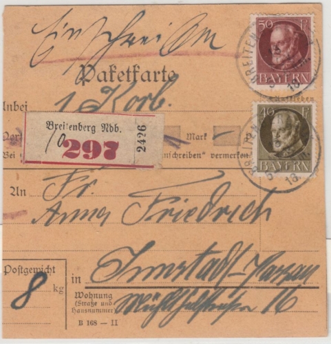 Bayern - 50+40 Pfg. Ludwig, Einschreibe-Paketkarte n. Passau 1918