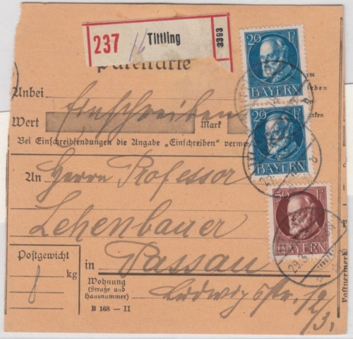 Bayern - 50+2x20 Pfg. Ludwig, Einschreibe-Paketkarte Tittling - Passau 1919