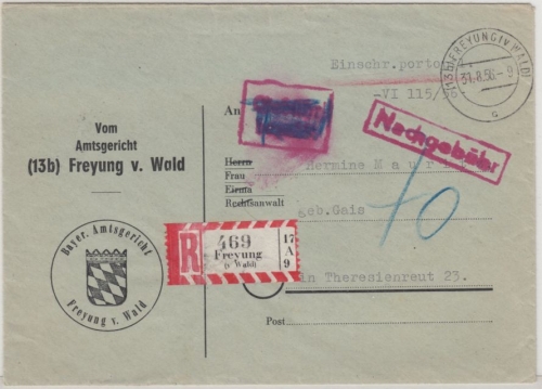 BRD - Freyung 1956, Einschreibebrief n. Theresienreuth ü. Haidmühle, Nachporto