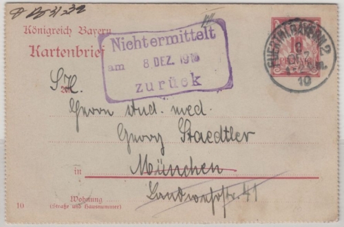Bayern - Nicht ermittelt...zurück, Ra3 a. 10 Pfg. GA-Kartenbrief Fürth - München