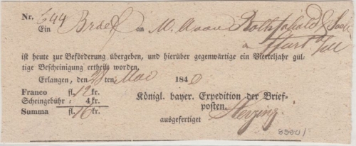 Bayern - Erlangen 1840, Briefpost-Aufgabeschein m. Ortsvordruck