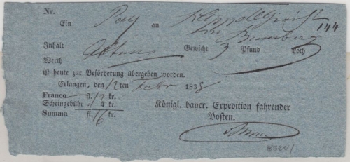 Bayern - Erlangen 1838, Fahrpost-Aufgabeschein m. Ortsvordruck