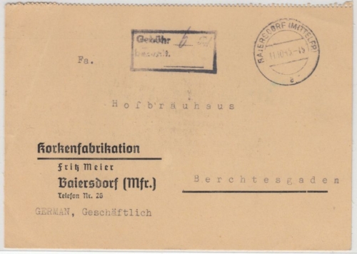 All.Bes. - Baiersdorf 11.10.45, Gebühr bezahlt Ra2 a. Karte n. Berchtesgaden