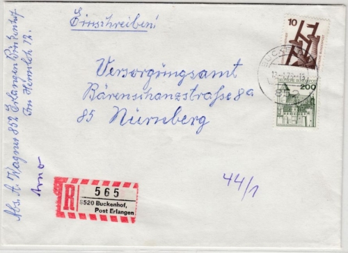 BRD - Buckenhof Post Erlangen, Einschreibebrief n. Nürnberg 1979