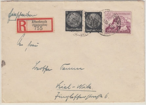 DR - 40 Pfg. WHW/Bauwerke u.a., Einschreibebrief Altenbruch (Niederelbe) 1939 n.