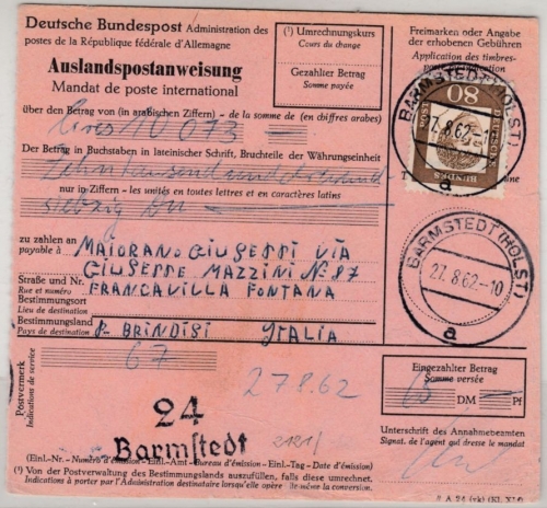 BRD - 80 Pfg. Kleist, Postanweisung n. ITALIEN, Bramstedt - Brindisi 1962