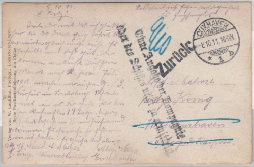 DR - Cuxhaven 1911, Soldatenkarte (priv. Fotokarte)m. Retour-L2 n. Wilhelmshaven