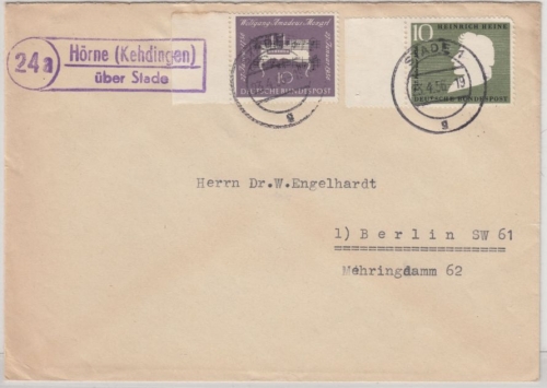 BRD - (24a) Hörne (Kehdingen) ü. Stade, Landpost-Ra2 a. Brief n. Berlin