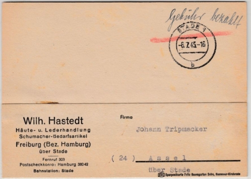 All.Bes. - Stade 6.7.45, Gebühr bezahlt, Karte n. Assel